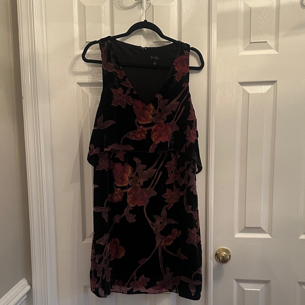 Jessica Simpson Black velvet Dress with multi rose color Floral Design!